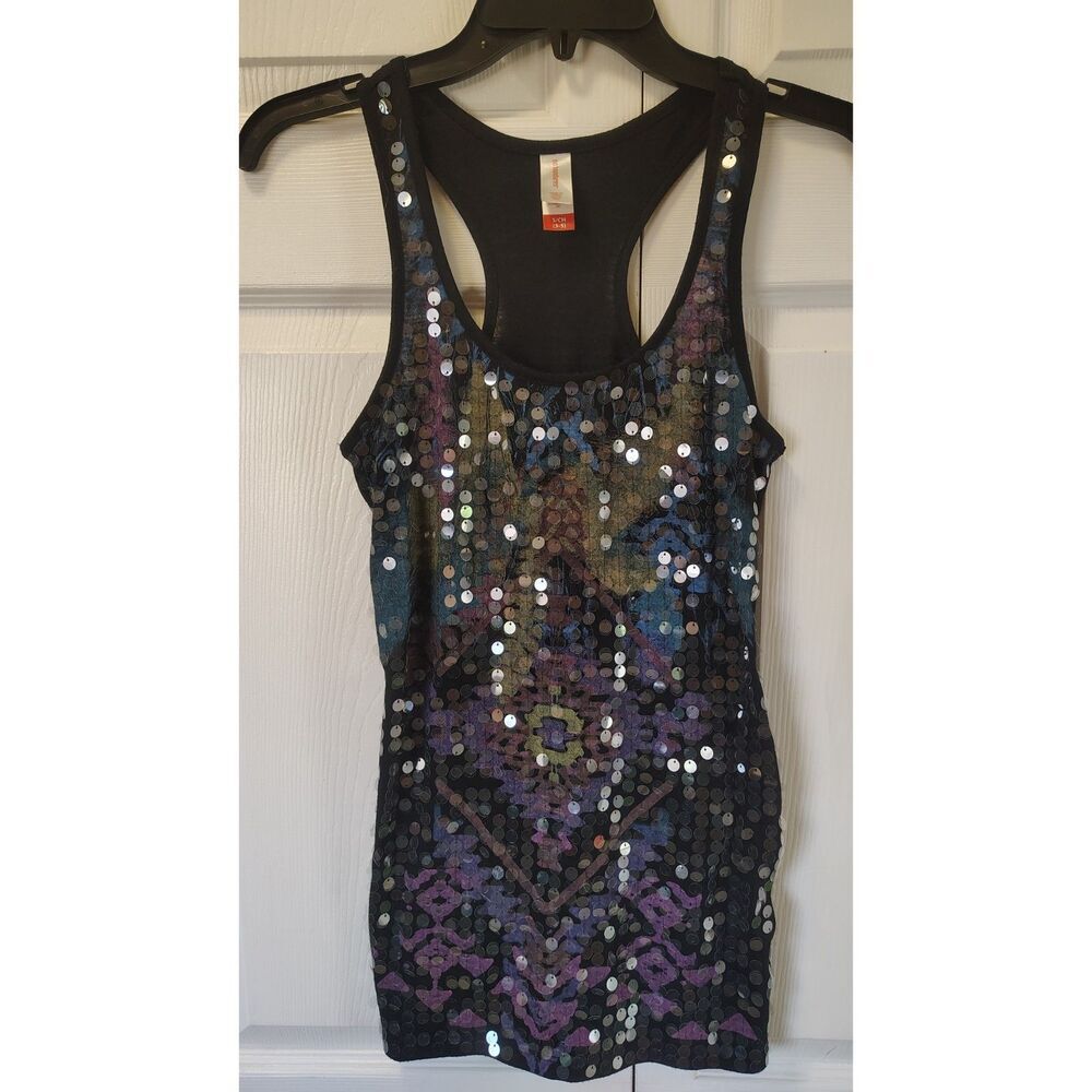 No Boundaries Y2K Sequin Geometric Racerback Tank Top Black/Multicolor Small